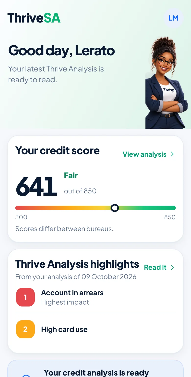 Members Platform home on mobile: an example member's greeting, credit score on a gauge and Thrive Analysis highlights